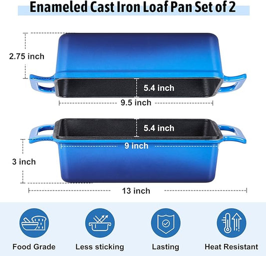 P&P CHEF 2-In-1 9 x 5 Inch Cast Iron Loaf Pan with Lid (Blue), Bread Loaf Pans for Baking Homemade Sourdough Bread, Meatloaf, Toast, Cake, Nonstick & Healthy & Sturdy, 2 Piece Set