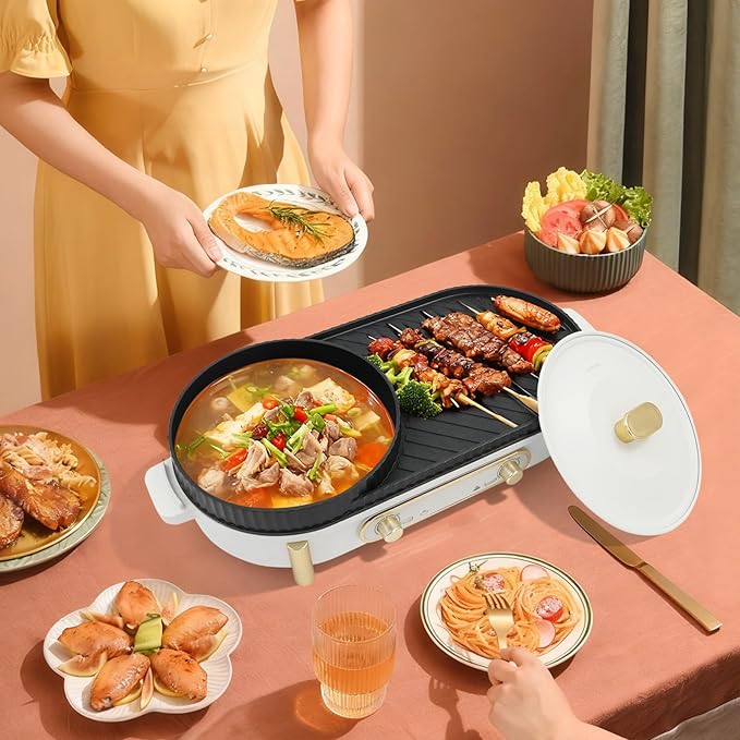 2-in-1 Hot Pot with Grill,1700W Electric BBQ Pan Grill and Hot Pot with Lid, Oval Shabu Shabu Pot with Grill Plate, 110V Tabletop Mandarin Duck Pot with Temperature Independent Control for 3-8 Person
