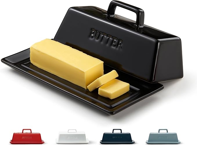 Butter Dish with Lid for Countertop, by Kook, Ceramic Dish Tray with Cover, Kitchen Keeper, Container, Holder (Black)