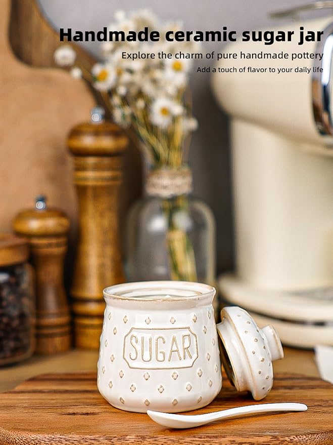 Sugar Bowl with Lid and Spoon, 10 OZ Ceramic Sugar Container for Kitchen Accessories, Sugar Storage Containers, Farmhouse Decor (Vintage White)