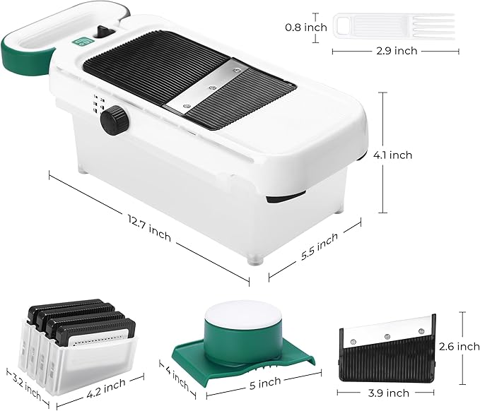 linoroso Adjustable Mandoline Food Slicer 5 in 1, Mandoline Slicer for Kitchen with Container, Vegetable Chopper Shredder Wave Cutter for Potato, Carrot, Zucchini, Grindder for Cheese Lemon