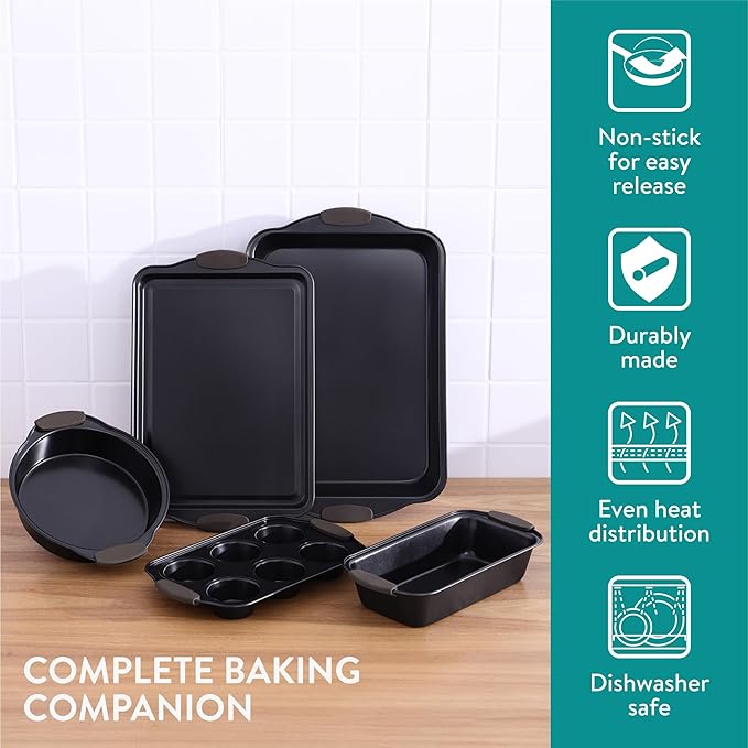 Navaris Nonstick Bakeware Set, 5-Piece Including Cookie Sheet, Muffin Pan, Loaf Pan, Cake Pan, Roasting Pan with Silicone Handles, Dishwasher Safe - Carbon Steel - Black
