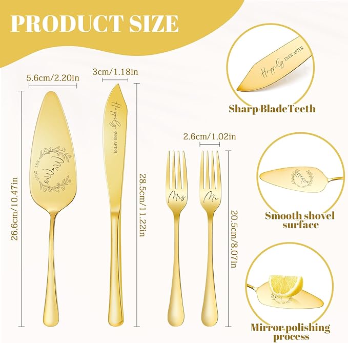 Wedding Cake Knife and Server Set, 4 Pack Stainless Steel Cake Cutting Knife, Slicer and Forks Server for Wedding, Anniversary, Birthday, Baby Shower(Gold)