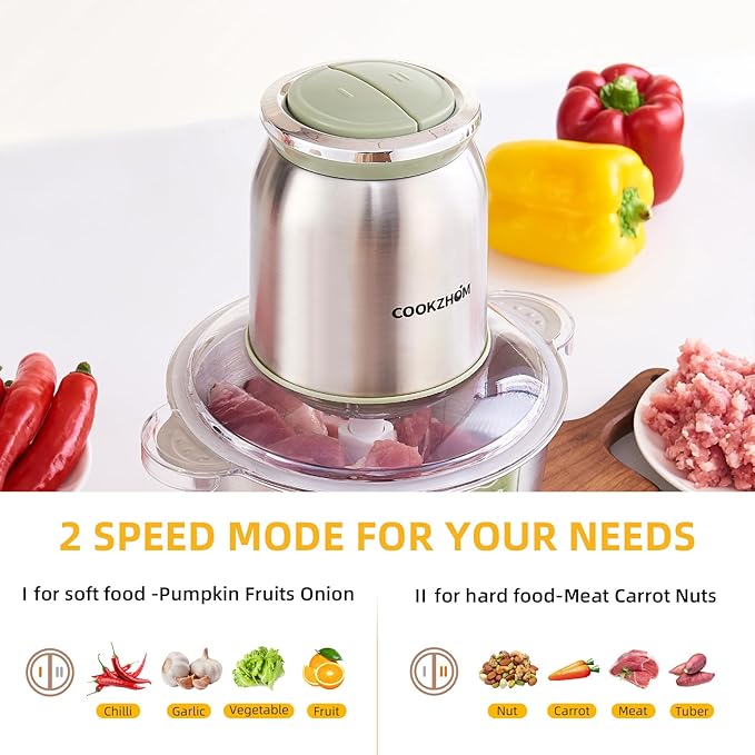 COOKZHOM Food Processor 8 Cup, 500W Electric Food Chopper,Meat Grinder with Stainless Steel Bowl and 2 Sharp Blades Set for Vegetable, Meat, Nuts, Functions for Chopping, Dicing, Mixing and Puree