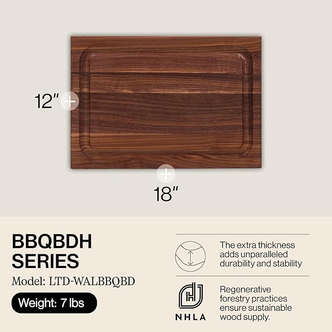 John Boos BBQ Series Rectangular Wooden Walnut Cutting Board 18”x12” – 1.5” Thick, 7-lb Reversible Butcher Block with Juice Groove, Edge-Grain & Finger Grips– Made in the USA