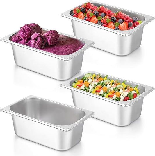 wutfuooo 4 Pack Hotel Pans, 1/4 Size 4" Deep Stainless Steel Steam Table Serving Pan, Buffet Dinner Catering Food Pans, Warmer Breading Tray Batter Pan for Restaurant Salad Bar Party Supplies