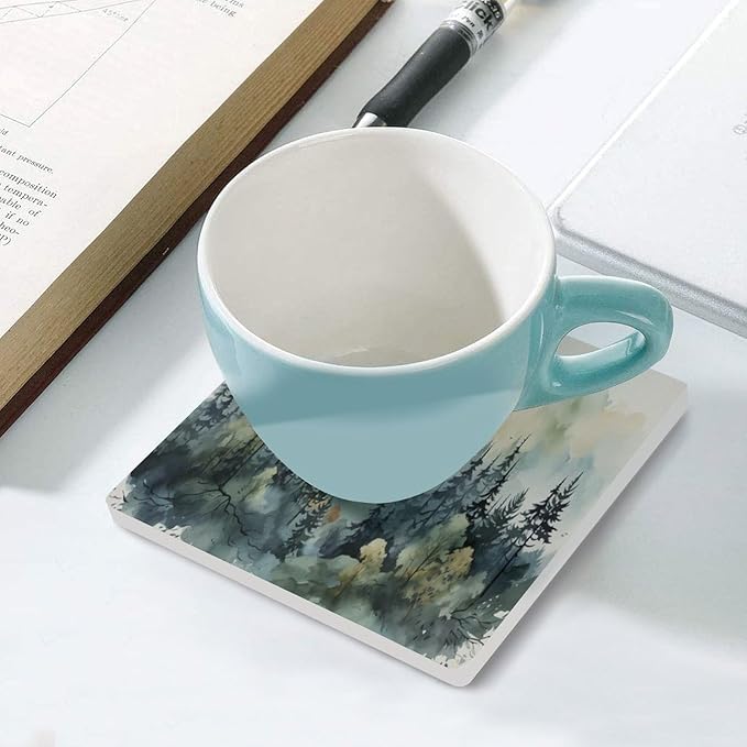 6PCS Forest Drink Coasters, Square Modern Ceramic Absorbent Coasters, Watercolor Style Nature Mountain Woodland Green Forest Flying Birds Decor Desk Coffee Table Coaster for Beverage Cup Tea Coasters