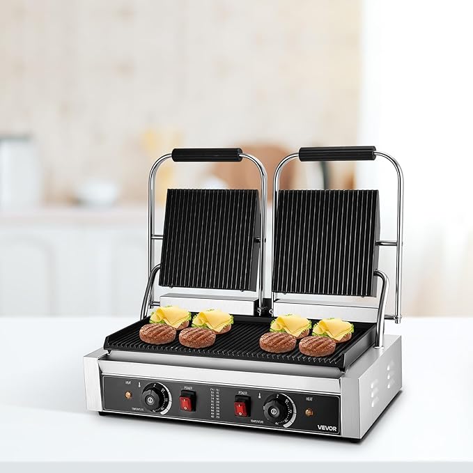 VEVOR Commercial Panini Grill, 3600W Electric Sandwich Panini Maker, Stainless Steel Double Sandwichs Press with Handle and Temp Control, 19x9 in Full Grooved Enamel Plate, for Hamburger Steak Bacon