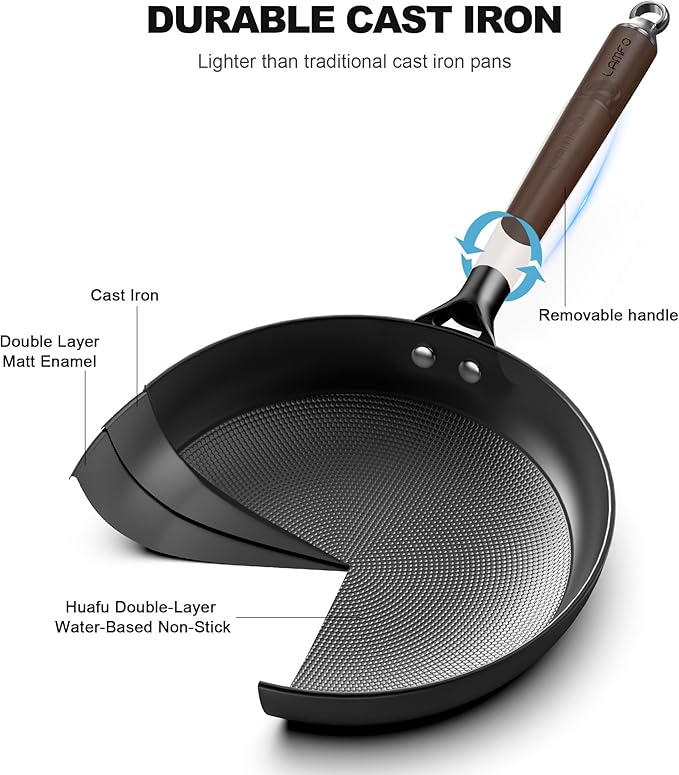 LAMFO 10" Cast Iron Skillets, Nonstick Frying Pans with Detachable Handle, Oven & Dishwasher Safe, Works with All Gas, Electric and Induction Stoves