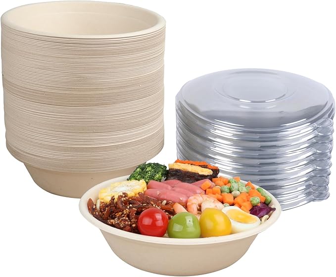 JAYEEY 32 oz Disposable salad bowls with lids, Sugarcane Fiber Paper Bowls take away food containers Plant Fibers Freezer Safe 50 Pack
