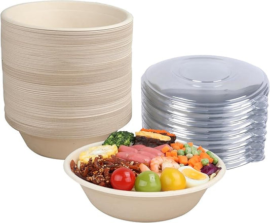 JAYEEY 32 oz Disposable salad bowls with lids, Sugarcane Fiber Paper Bowls take away food containers Plant Fibers Freezer Safe 50 Pack