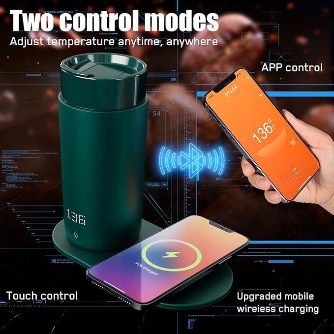 LEGARDLILIU Temperature Control Heated Coffee Mug Smart Self Heating Travel Mug 12 Oz App Controlled Warmer Mug 4-10 Hour LED Display Keep Coffee Hot Fast Wireless Charger Base Jade Green