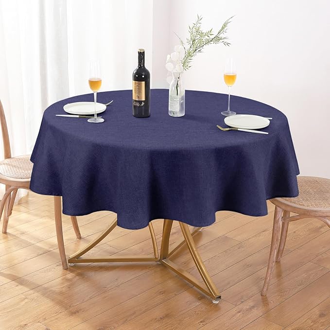 AUSSPVOCT Textured Tablecloth Round 54 Inch Waterproof Spill-Proof Wipeable Navy Blue Table Cloth Wrinkle Free Fabric Dining Table Cover for Birthday Party Farmhouse Outdoor Kitchen Tabletop Cover