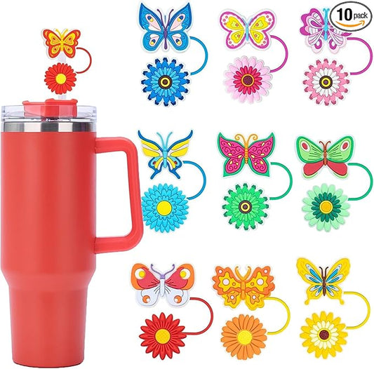 10Pcs Flowers Stanley Straw Topper, 10mm Silicone Straw Covers, Spring Butterfly Straws Topper for Stanley 40 Oz&30 Oz, Reusable Tumbler Cute Straws Cap Tips Lids Accessories