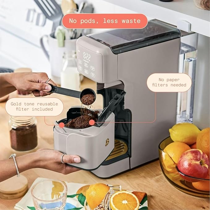 Beautiful Perfect Grind Programmable Single Serve Coffee Maker, Burr Grinder, 64 oz Reservoir, 6 Brew Sizes by Drew Barrymore (Porcini Taupe)