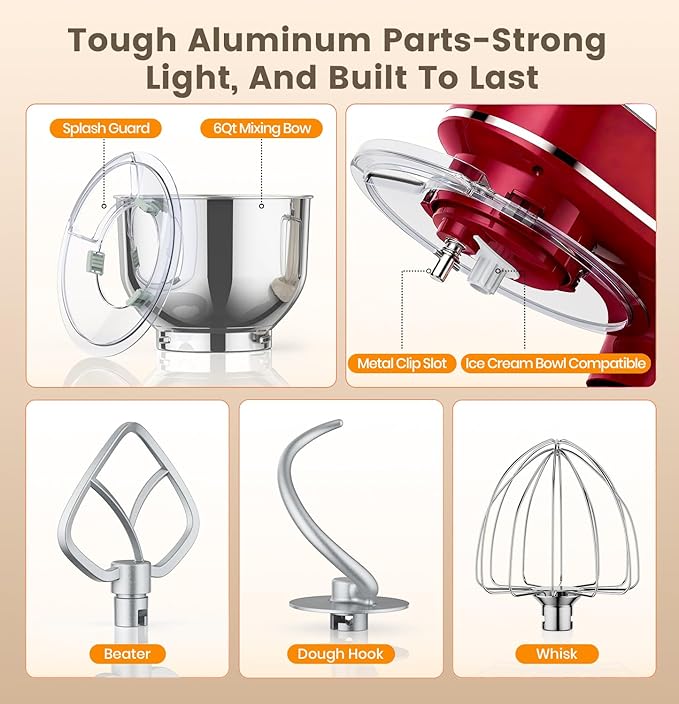 Bonnor Stand Mixer 6QT Kitchen Mixer with LED Smart Touchscreen, 11-Speed Tilt-Head Mixer with Timer, 4 Preset Menus, Stainless Steel Bowl, Dough Hook, Whisk, Beater,Red