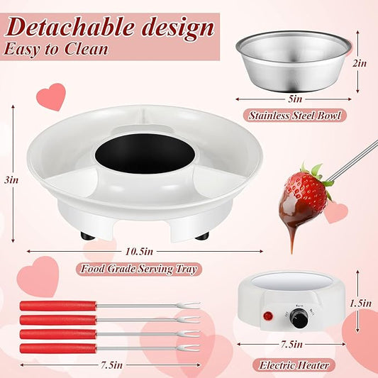Lallisa Electric Fondue Pot Set, Chocolate Fondue Kit, Electric Fondue Maker, Detachable Serving Trays with 4 Roasting Forks, Gift Set for Date Night House Warming Melting Parties(White)