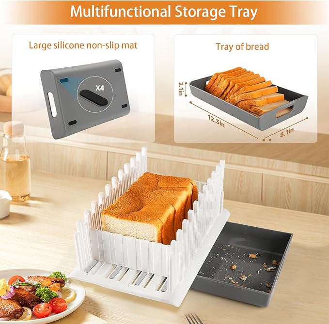 Bread Slicer Guide for Homemade Bread with 304 Stainless Steel Sheet and Storage Tray、3-Slice Thickness，Adjustable Width for Cake、Bagels、Toast.