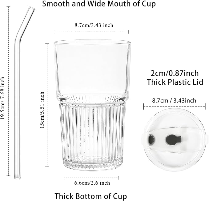 Ribbed 16oz Glass Cups with Lids and Straws Ribbed Drinking Glasses Cup Leak Proof Iced Coffee Glass Tumbler Set of 2 for Soda Smoothie Juice