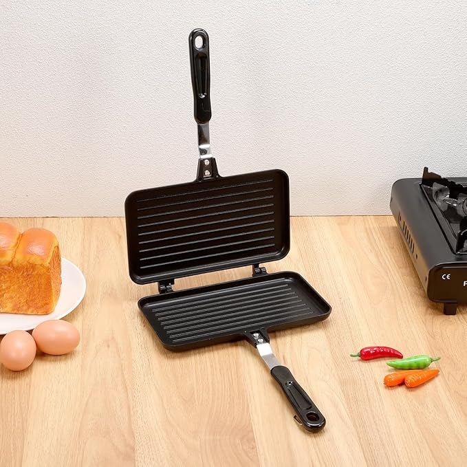 Double- Sided Frying Pan Non- Stick Grill Pan Waffle Maker Sandwich Baking Mold for Cake Toast Snack Breakfast, Aluminum Sandwich Maker