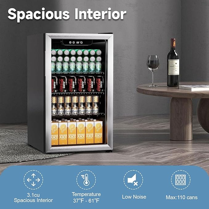 Compact Beverage Refrigerator,110 Can/3.1 Cubic Feet Fridge with Glass Door for Soda, Beer Under Counter Small Refrigerator with Adjustable Shelve & LED Display(Silver)