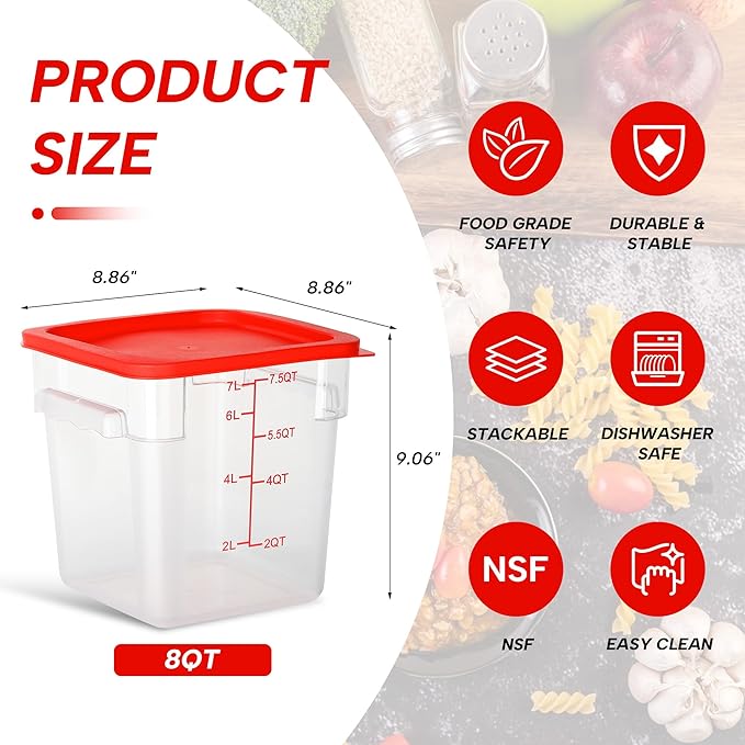 STEELUS 4 Pack Food Storage Containers, 8 Quart with Lids, Square Commercial Containers with Scale, Clear NSF Food Organizing, Polycarbonate