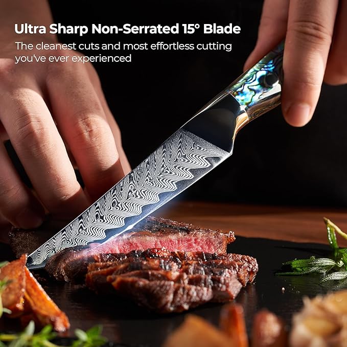 SENKEN 4-Piece Damascus Steak Knife Set, Non-Serrated Blades, Real Abalone Shell Handle, "Umi" Collection Japanese Straight-Edge Steak Knives, Japanese VG10 Steel 67-Layer Damascus