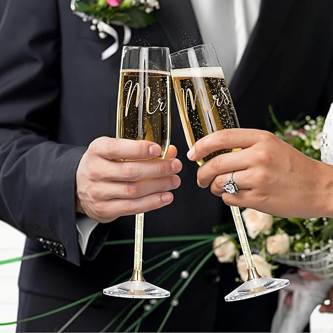 Wedding Cake Knife and Champagne Flutes Server Set | Bride & Groom Champagne Glasses | Toasting Glasses for Parties and Cake Cutting Set – for Wedding, Engagement, Bridal Shower Gifts(Gold)