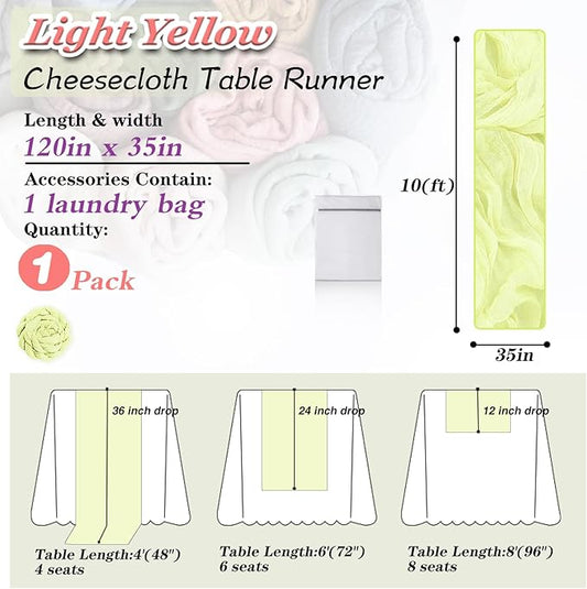 Light Yellow Cheesecloth Table Runner 1 Pack 35" Boho Gauze 120 inches Long Runner Rustic Sheer Fabric Bulk for Baby Shower Wedding Bridal Birthday Party Table Decorations
