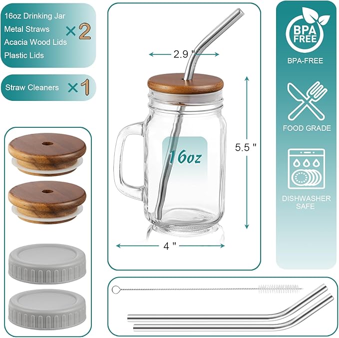 DRASTAR Iced Coffee Cup, 16 oz Mason Jar Cups with Handle, Small Glass Coffee Mugs with Straws and Acacia Lids, Drinking Glass Cups Set of 2, Smoothie, Overnight Oats Containers
