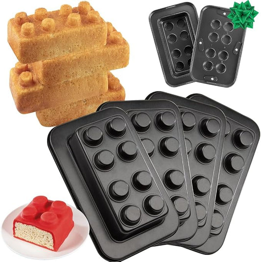 Brick Building Cake Pan Mold, 4 Pack- Build, Decorate Stack 9" 3D Shaped Cakes - Adult Birthday Parties, Special Holiday Occasion or Celebration, Easy Use NonStick Oven Bakeware, Christmas Baking Gift