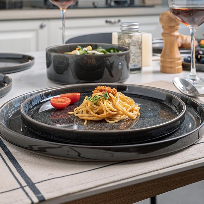 Stoneware Dinnerware Sets, Plates and Bowls Set for 4, 12-Piece Modern Stoneware Dinnerware – Chip Resistant, Non-Toxic, Dishwasher and Microwave Safe Tableware，Glossy Black