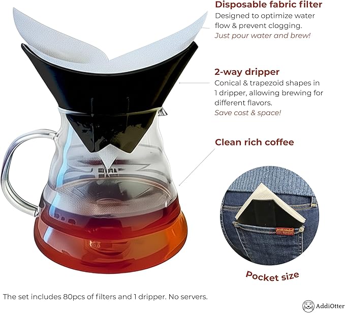AddiOtter Pour-over Coffee Set Fit for 1-2 Cup Coffee Brewing at Home/Outdoors, Includes 1 Two-way Dripper & 80 Disposable Fabric Coffee Filters, Flip-and-use Dripper with Cone & Trapezoid Shape