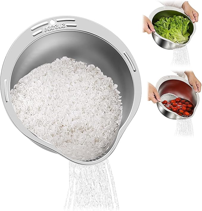 Stainless Steel Rice Strainer Bowl With Side Drainers，Rice Strainer Fine Mesh，Fine Strainers for Quinoa for Cleaning Fruits Vegetables Beans，Versatile Kitchen Tool，10.55" x 5.31" (Silver)