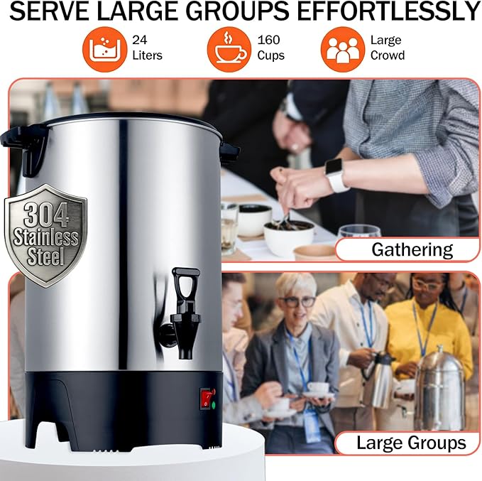 Large Commercial Coffee Urn 160 Cup Percolate Coffee Maker Stainless Steel Hot Beverage Dispenser with Cool-Touch Handles, Quick Brewing for Catering, Business, Church, Restaurant, Wedding, Gathering