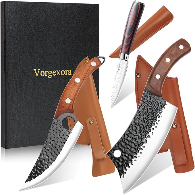 3PCS Butcher Chef Knife Set for Kitchen - Meat Cleaver & Paring Knife, Hand Forged High Carbon Steel Knives with Sheath for Home Cooking, Outdoor Camping, BBQ, Gift Idea for Men