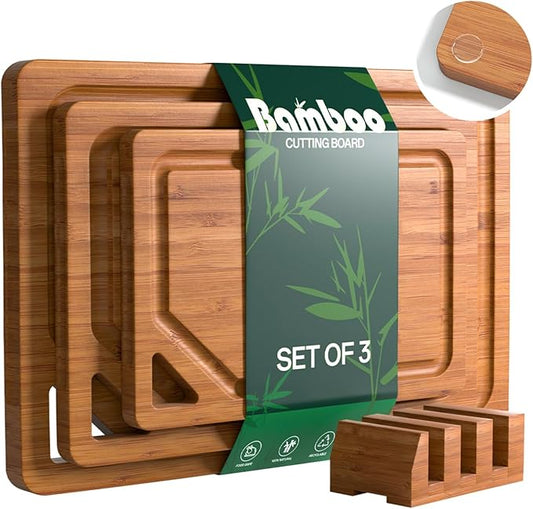 Bamboo Cutting Boards for Kitchen, Wood Cutting Boards with Deep Juice Grooves, 3-Pack Bamboo Cutting Board Set with Holder, Chopping Board & Charcuterie Board for Meal Prep & Serving