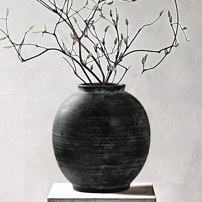 Large Black Ceramic Vase Home Decor, Round Farmhouse Table & Floor Vases Rustic Vintage Living Room Entrway Kitchen Bedroom Decorations，Minimalist Hand-Made Textured Vase (10.8” H Black Bronze)