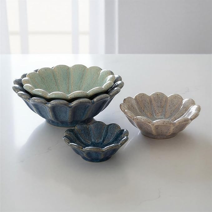 Creative Co-Op 4-Piece Stoneware Flower Shaped Bowl Set in Reactive Glaze, Multicolor