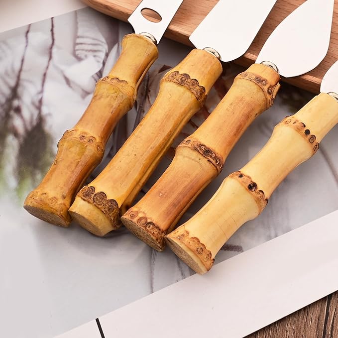 Bamboo Cheese Knife Set, 8-Piece Steel Stainless Cheese knife Set with Bamboo Handle, Mini Cheese Cutter, Cheese Fork, Cheese Slicer, Spreader, For Party, Travel and Kitchen