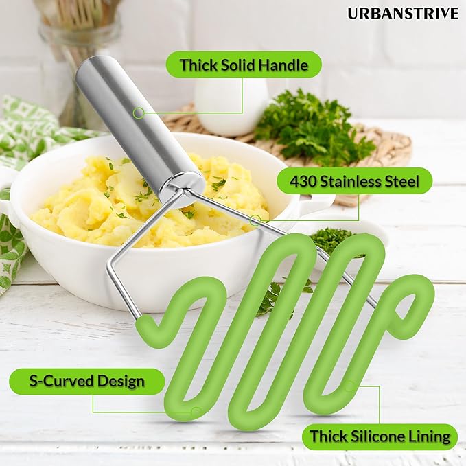 Urbanstrive Non-Scratch Silicone Potato Masher Kitchen Tool, Potatoes Masher Potato Masher Stainless Steel Wrapped In Premium Silicone, Potato Smasher, Green