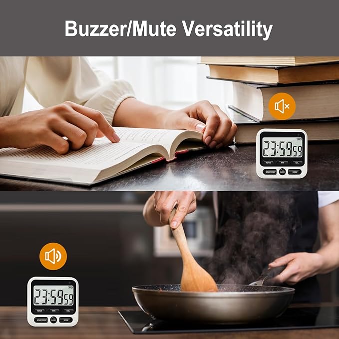 2 Pack Digital Kitchen Timer with Mute/Loud Alarm,Count Up/Down, 24 Hour Clock and Alarm Function for Kids Teacher Cooking