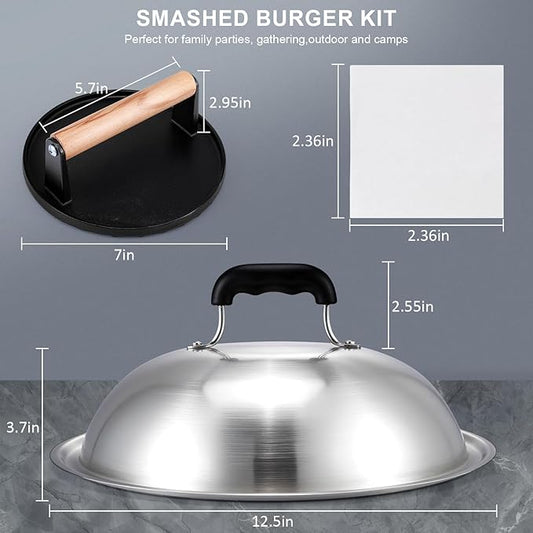 Smash Burger Press Kit, 7” Cast Iron Smash Burger Press with 12.5” Stainless Steel Griddle Dome & Burger Patty Papers, Heavy Duty Griddle Accessories for Family Cooking & Outdoor Grilling