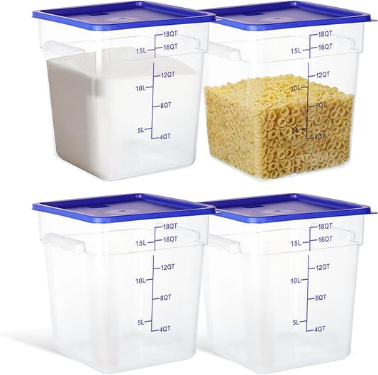 STEELUS 4 Pack Food Storage Containers, 18 Quart with Lids, Square Commercial Containers with Scale, Clear NSF Food Organizing, Polycarbonate
