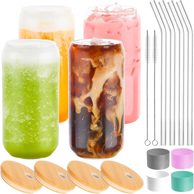 4 Pack Glass Cups Set 16oz Drinking Glasses with Bamboo Lids and Straws Beer Glass Tumbler for Mojito Soda Smoothies Whiskey Iced Coffee Cocktail Tea Juice