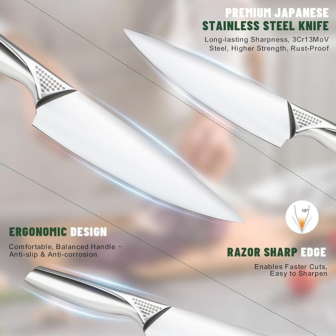 Knife Set, EWFEN 14-Piece Kitchen Knife Set with Block, German Stainless Steel Knives with Built-in Knife Sharpener, Anti-Slip Concave-dotted Handle Sharp Knives Set for Kitchen, Dishwasher Safe