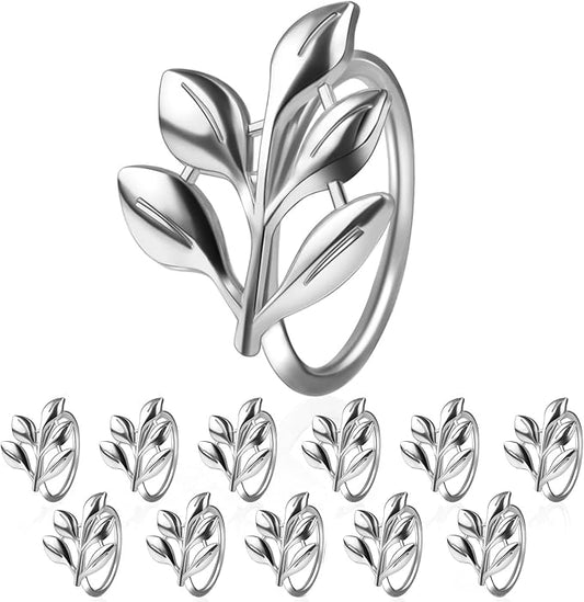 Leaf Napkin Ring Holder Set of 12 Silver Color Dining Table Décor for Wedding Party Dinner Banquet Thanksgiving Halloween (Silver 12pcs)