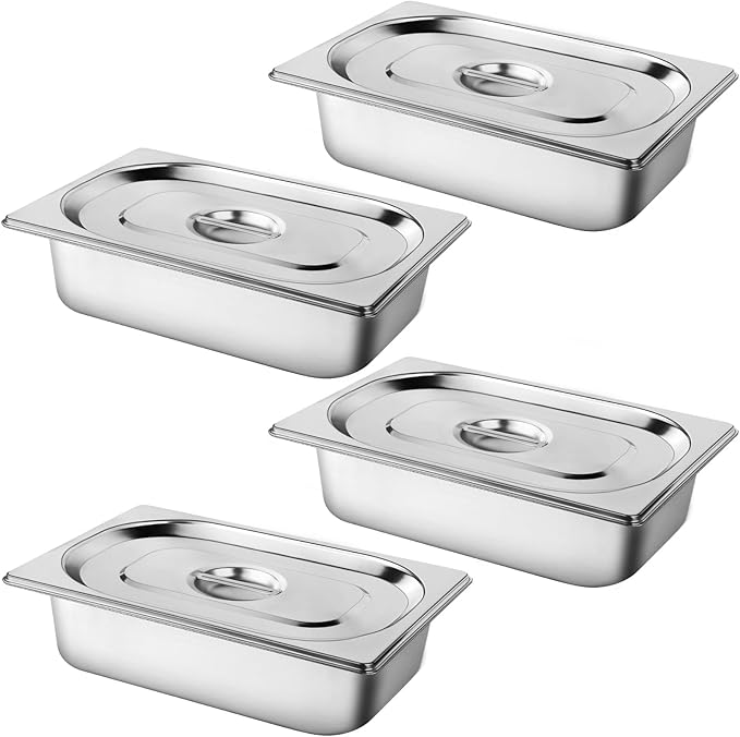 West Bay 4 Pack 1/3 Hotel Pan with Lids, 4'' Deep Steam Table Pan with Lid, 13''L x 6.8''W Stainless Steel Pans for Home, Party, Hotel, Buffet