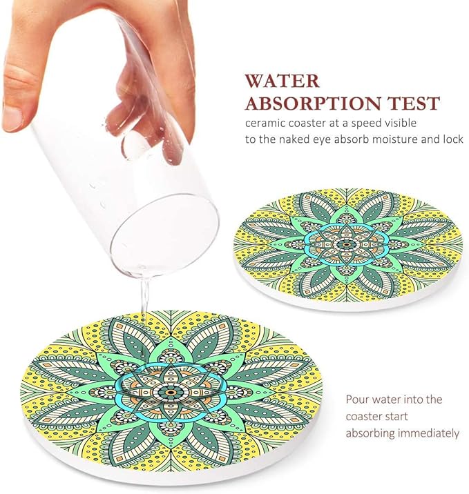 Coaster for Drinks Set of 6, Moroccan Bohemian Mandala Colorful Pink Green Absorbent Round Ceramic Stone Mat, with Cork Base and Metal Holder, Gift for Housewarming Room Bar Decor