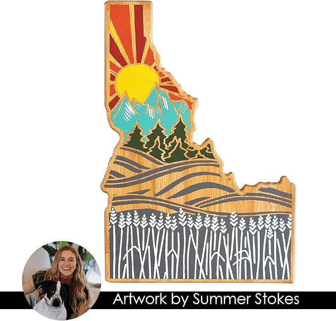 Totally Bamboo Idaho State Shaped Cutting Board and Charcuterie Serving Platter with Artwork by Summer Stokes, Includes Hang Tie for Wall Display Varies